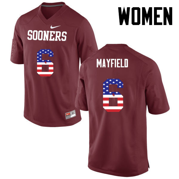 Women Oklahoma Sooners #6 Baker Mayfield College Football USA Flag Fashion Jerseys-Crimson - Click Image to Close